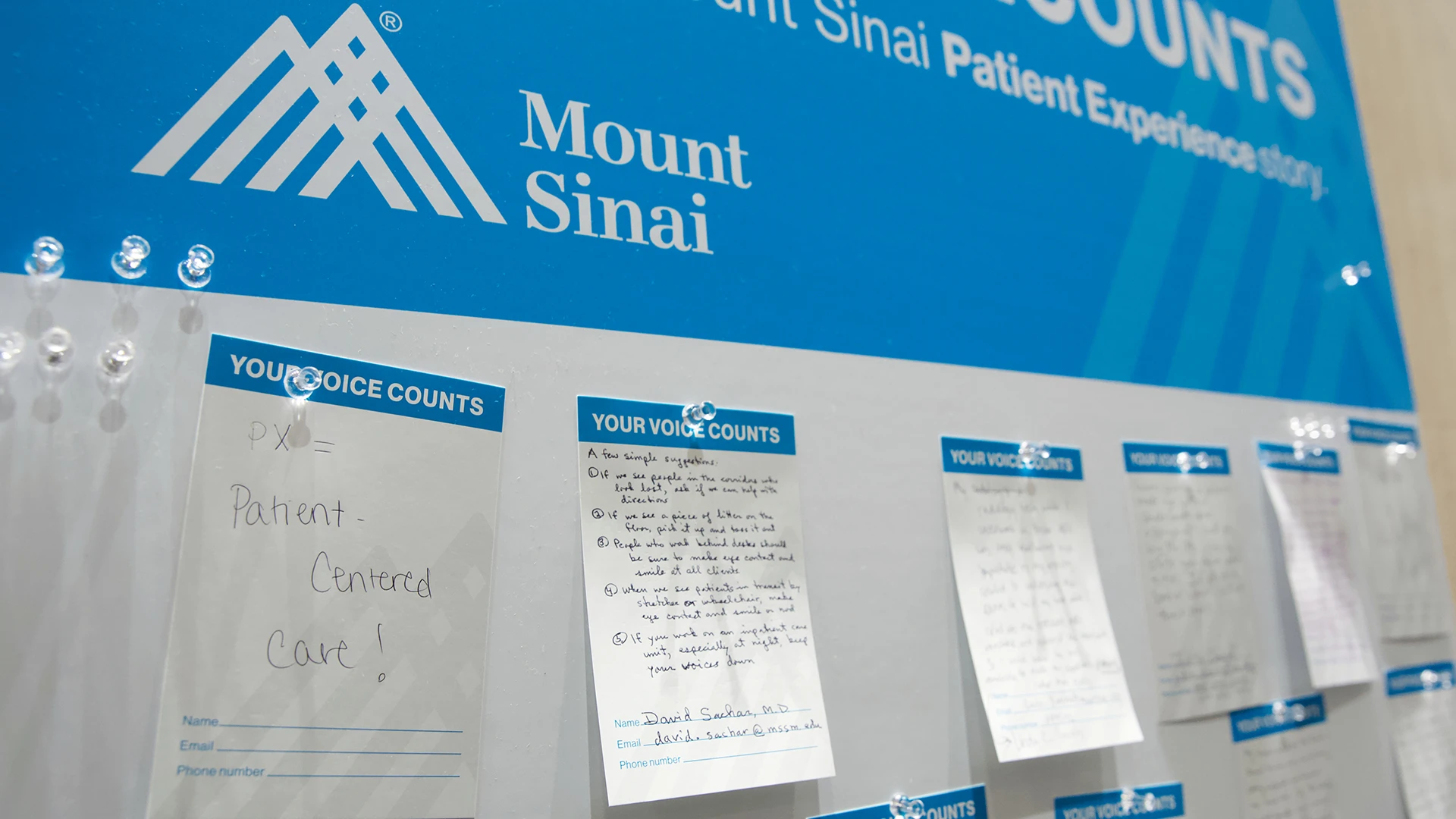 A Your Voice Counts employee story board showcases employee insights about what matters most to them at Mount Sinai. 