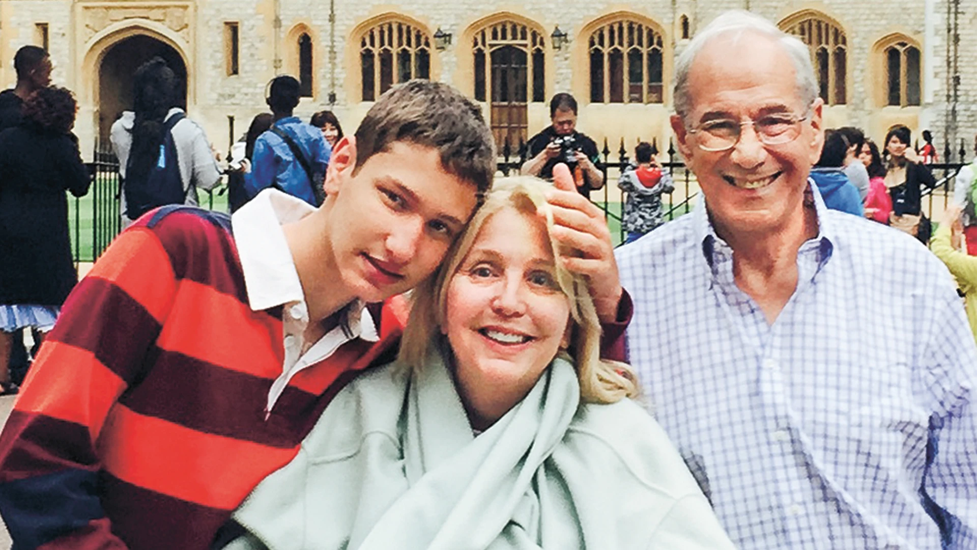 Nancy A. Lieberman (center), with her son, Eric (left), and husband, Mark Ellman (right), at Windsor Castle in England, in August 2015.