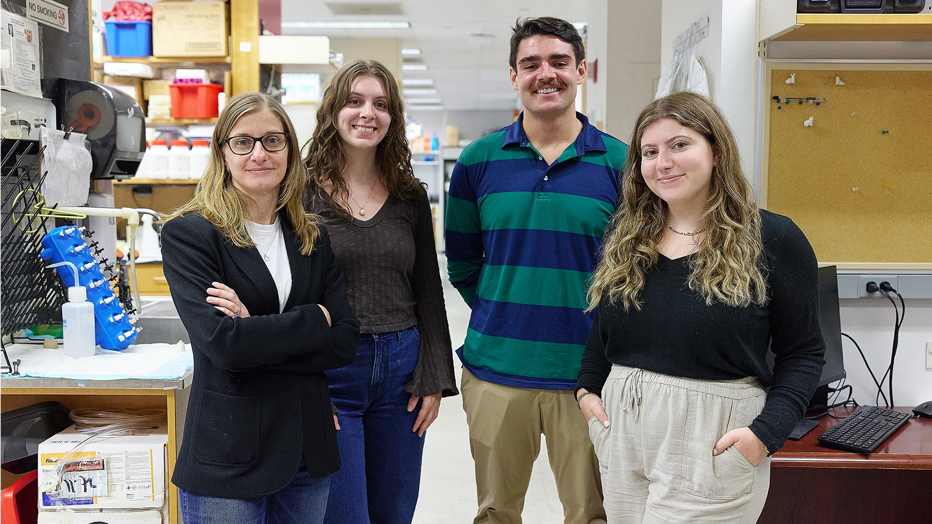 The cholangiocarcinoma research team includes, from left, Dr. Sia, Ms. Bramel, Mr. Facciuto, and rotating PhD student Ariel Lerner.