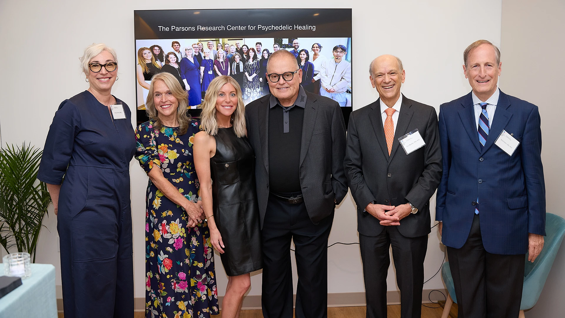 Renee and Bob Parsons, center left and right, with Mount Sinai faculty and leaders, from left: Amy Lehrner, PhD; Rachel Yehuda, PhD; Eric J. Nestler, MD, PhD; and René S. Kahn, MD, PhD.