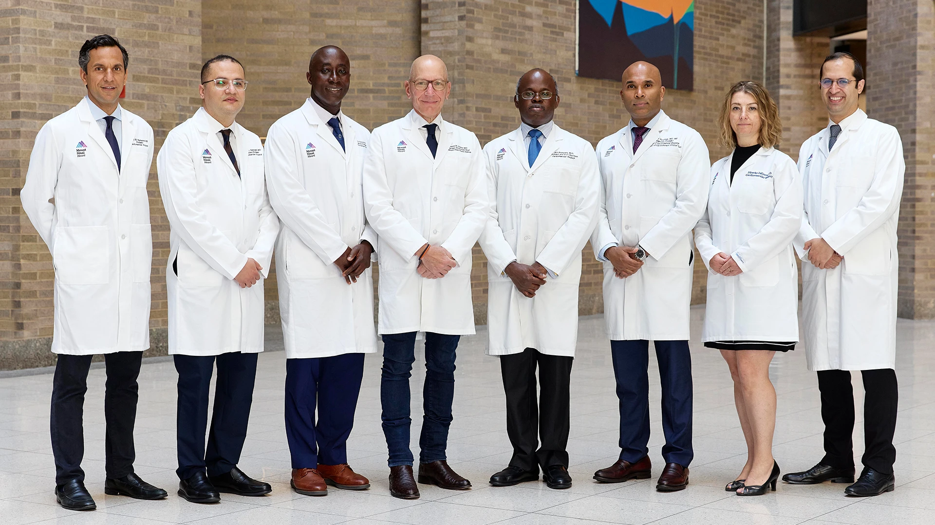 From left: Ismail El-Hamamsy, MD, PhD, Director, Aortic Surgery; Ahmed El-Eshmawi, MD, Clinical Director, and Percy Boateng, MD, National Director, Mitral Valve Repair Center; David H. Adams, MD, Chair of Cardiovascular Surgery; Anelechi Anyanwu, MD, Surgical Director, Heart Transplantation; Robin Varghese, MD, MS, Director, Cardiovascular Critical Care; Zdravka Zafirova, MD, Director, Cardiovascular Intensive Care; and Menachem Weiner, MD, Director, Cardiothoracic Anesthesia.