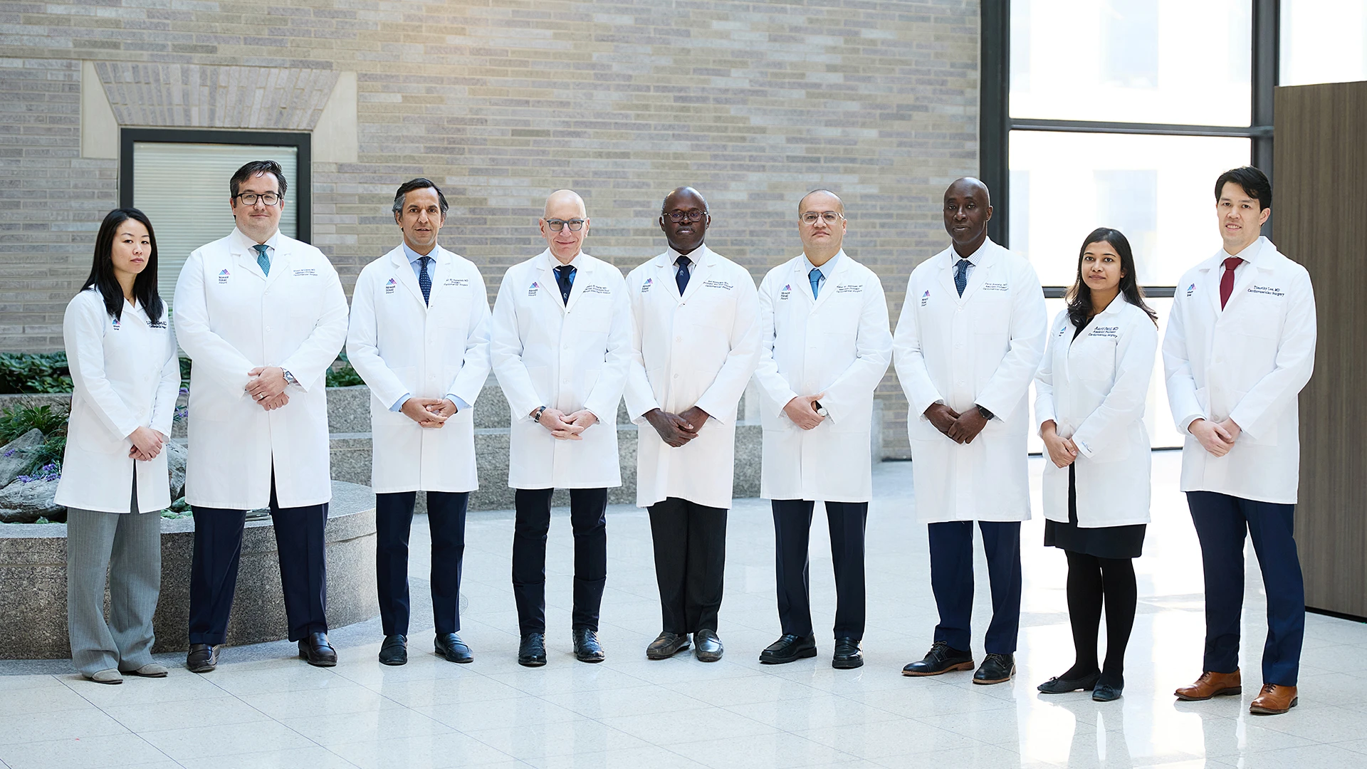 From left: Lilyanne Chen, MD; Elbert Williams, MD, Director of The Mount Sinai Hospital’s Aortic Aneurysm Surveillance Program; Ismail El-Hamamsy, MD, PhD, Director of the Adams Valve Institute; David H. Adams, MD, Cardiac Surgeon-in-Chief of the Mount Sinai Health System; Anelechi Anyanwu, MD, Surgical Director of Heart Transplantation and Mechanical Circulatory Support of the Mount Sinai Health System; Ahmed El-Eshmawi, MD, Clinical Director, Mitral Valve Repair Reference Center; Percy Boateng, MD, National Director, Mitral Valve Repair Reference Center; Aarti Patil, MD; and Timothy Lee, MD. 