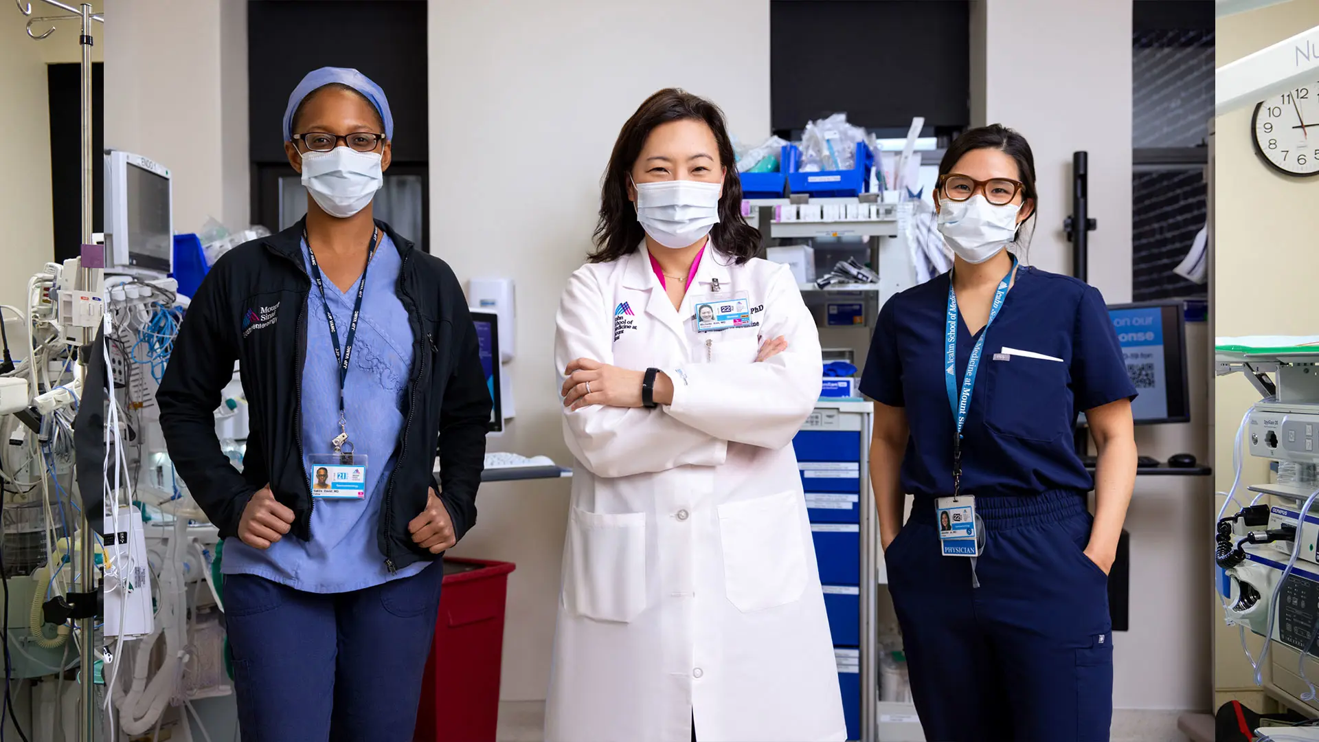 Michelle Kang Kim, MD, PhD, center, with clinical fellows Yakira David, MBBS, left, and Jennifer Jo, MD