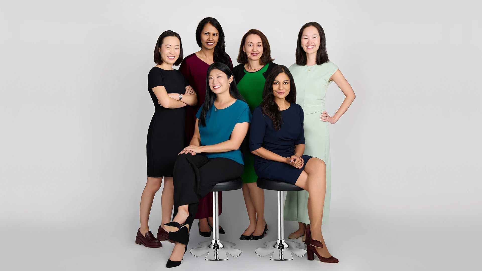 The Center for Refractive Solutions Clinical Team, from left: Angie Wen, MD, and Anita Gupta, MD (first row), and Yandong (Yanna) Bian, MD, Sumayya Ahmad, MD, Kira Manusis, MD,  and Masako Chen, MD (second row)