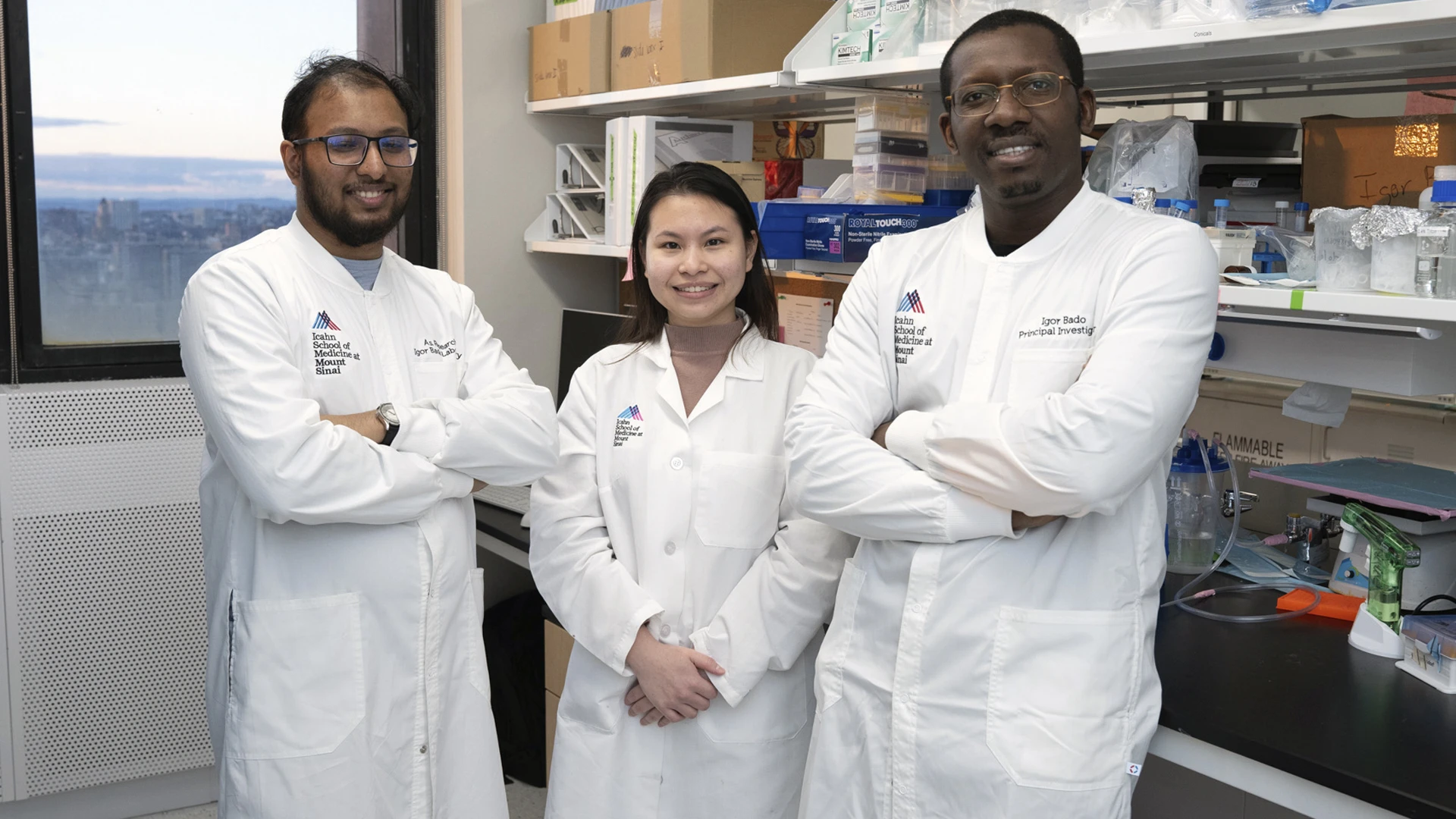 Igor Bado, PhD (right), and his lab members Rahat Alam, BS (left), and Chau Duong, BS (center). Dr. Bado has secured a grant to explore the role of fibroblast growth factor 2 in the bone microenvironment, which has an impact on breast cancer metastasis.