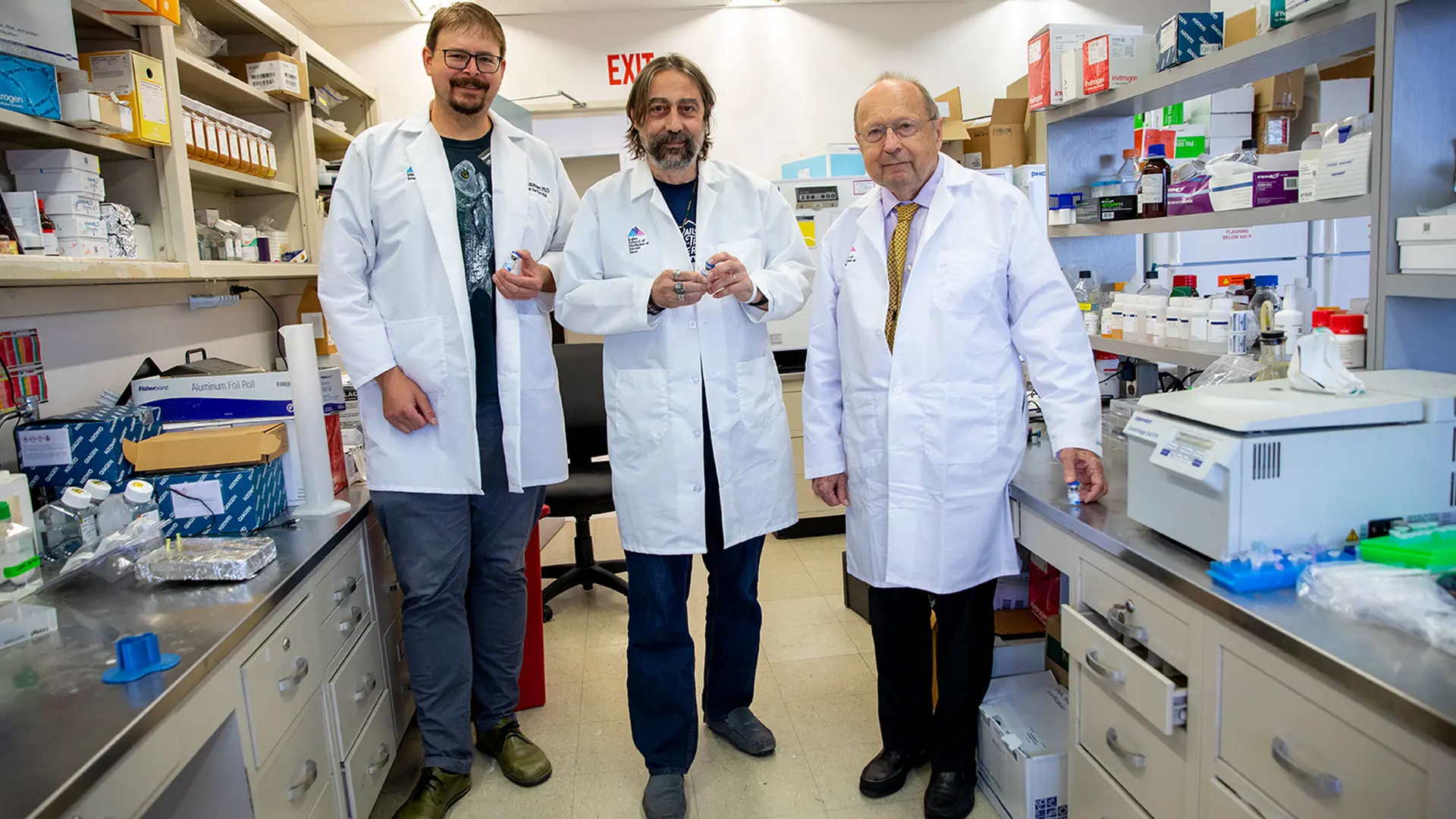 Mount Sinai's leading vaccine developers, from left, Florian Krammer, PhD; Adolfo Garcia-Sastre, PhD; and Peter Palese, PhD. 