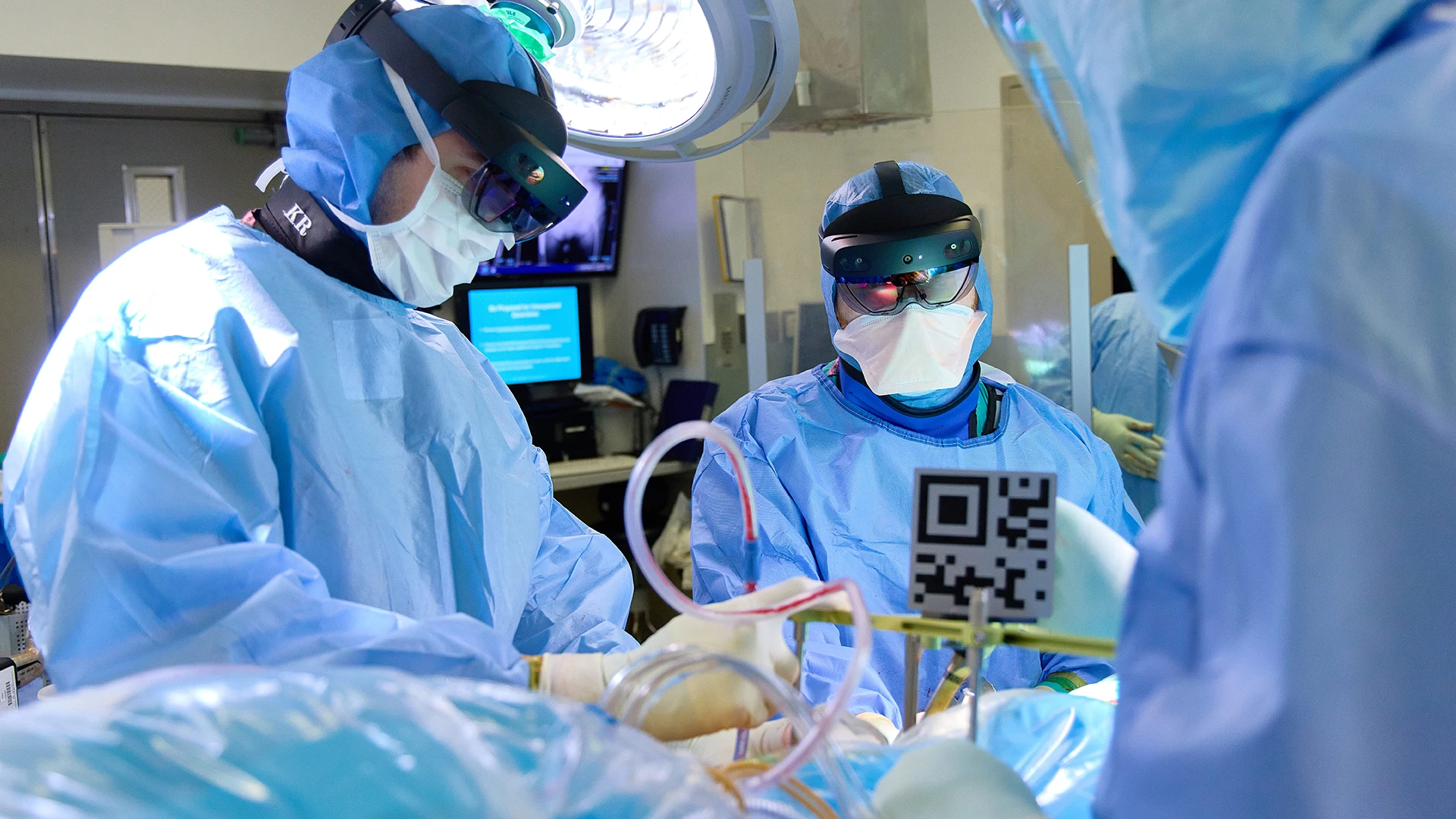 Dr. Hayden and team performing direct anterior total hip replacement with augmented reality glasses.