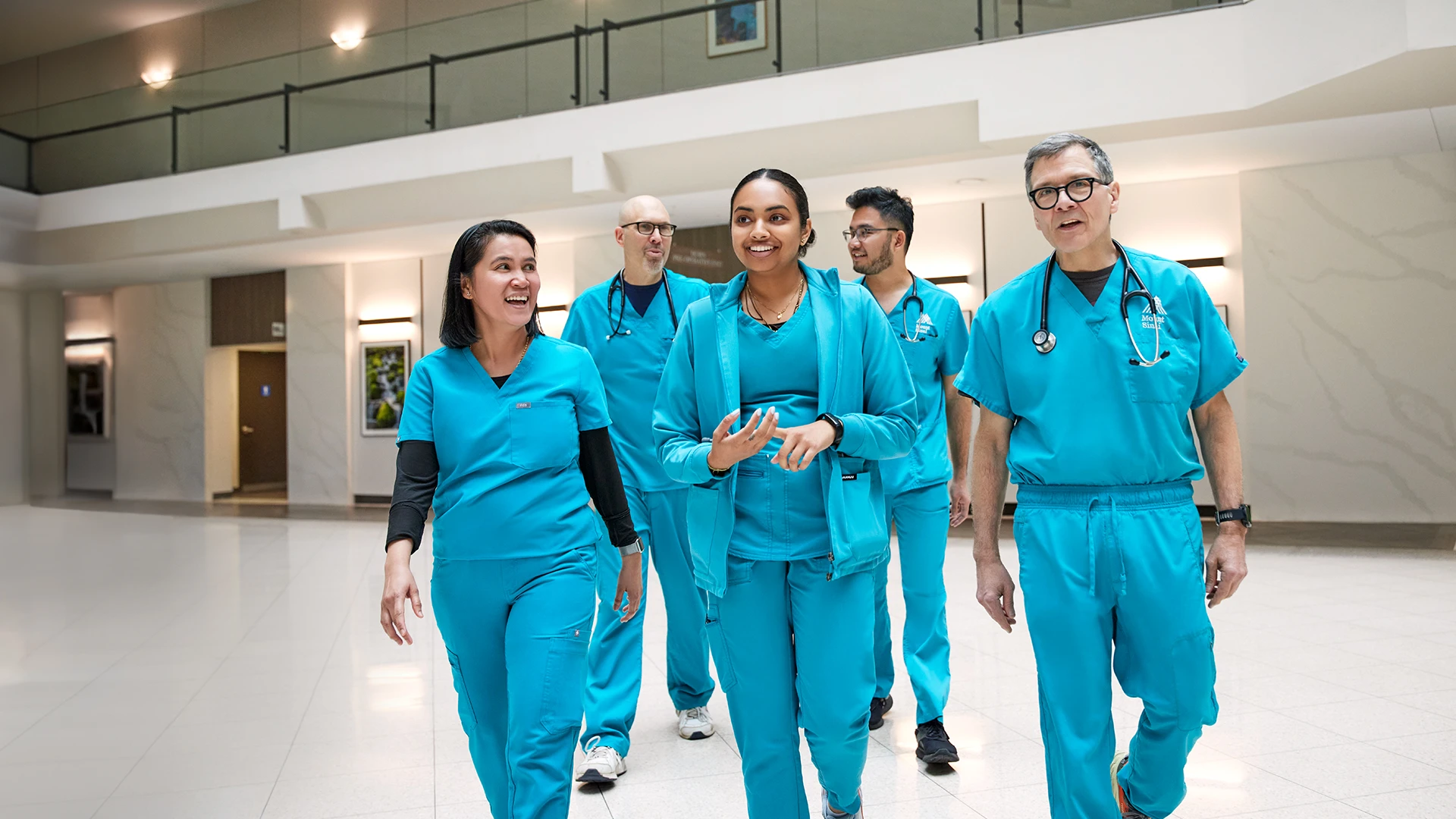 The 7 East team (front, from left): Sheryll Salvilla, RN, Clinical Nurse; Mansi Patel, RN, Clinical Nurse; John Schwartz, RN, Clinical Nurse; (back, from left): Leon Kohan, RN, Clinical Nurse; Yatman Wong, RN, Clinical Nurse