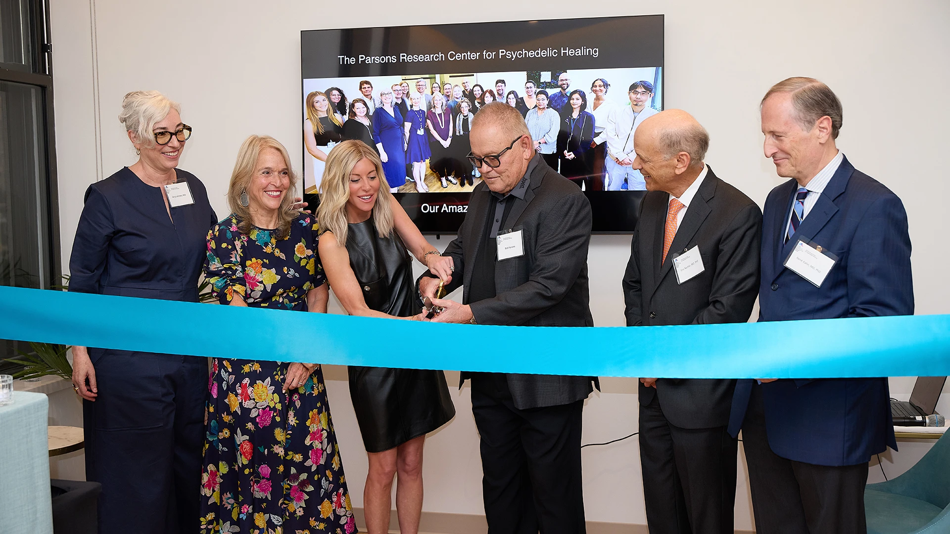 Key figures at the ribbon cutting ceremony of the Parsons Research Center for Psychedelic Healing, from left to right, Amy Lehrner, PhD; Dr. Yehuda; Renee Parsons; Bob Parsons; Eric Nestler, MD, PhD; and René Kahn, MD, PhD. The new Center represents a commitment from all stakeholders to improving mental health for the community, and advancing novel research.