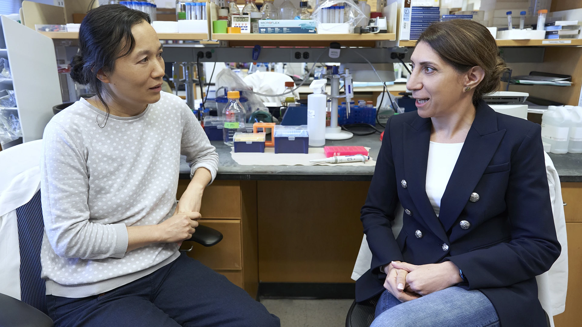 Dr. Zou (left) and Dr. Hambardzumyan (right) have discovered that microglia congregate preferentially in a ring at the margins of glioblastoma. They are delving into how this ring performs signaling, which they could in turn exploit to block proliferation and block invasion.