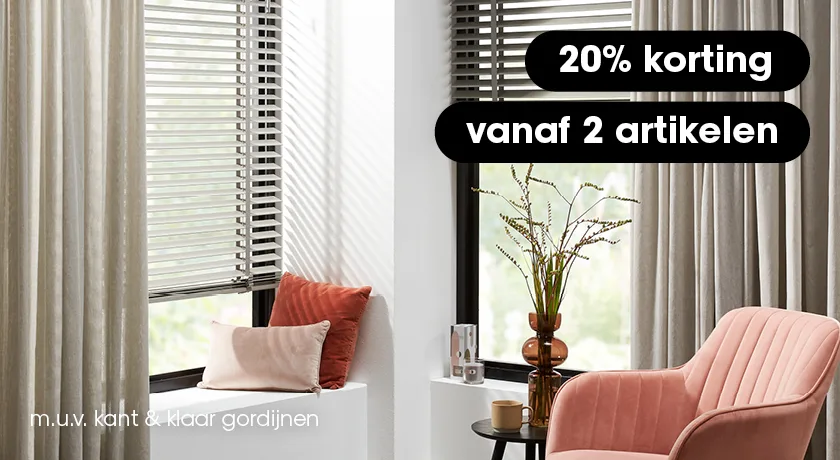 Banner Alle raamdecoratie 20% korting vanaf 2 artikelen DESK - W48 - Acties - NL