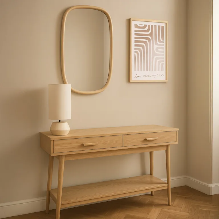 Houten sidetable in de gang met spiegel