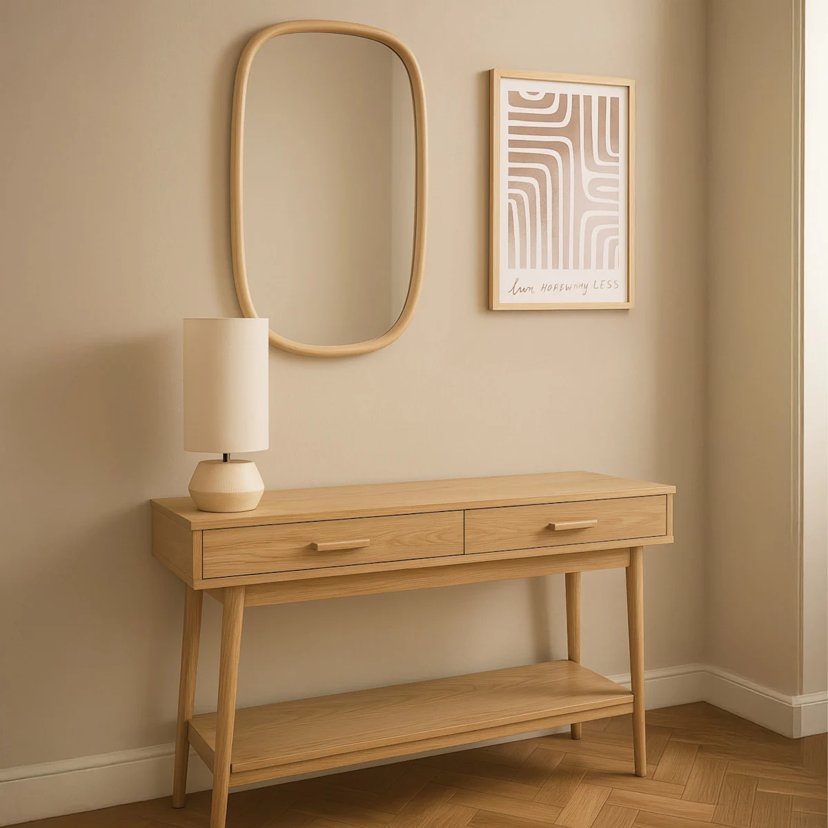 Houten sidetable in de gang met spiegel