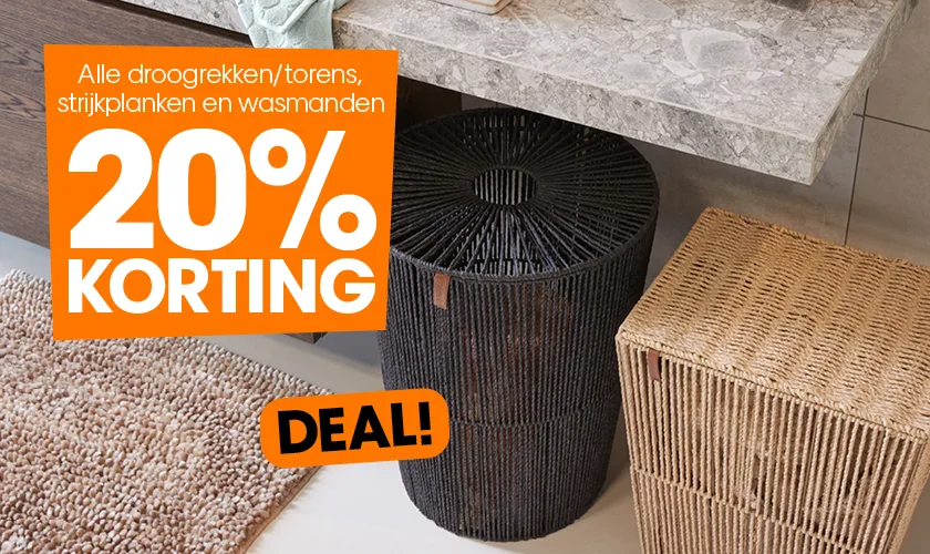 20% korting op alle droogrekken/torens, strijkplanken en wasmanden