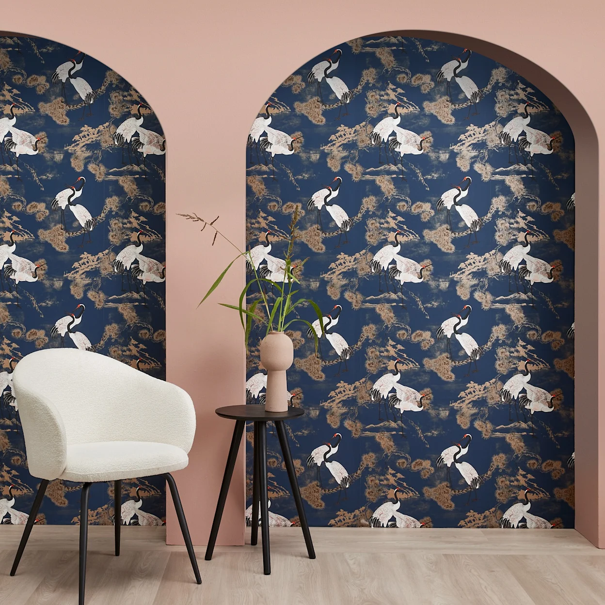 Luxe behang donkerblauw met kraanvogels