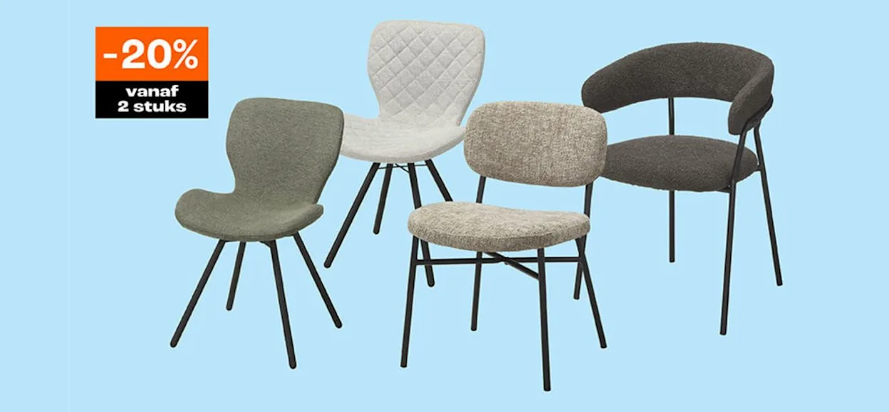 Diverse stoelen 20% korting vanaf 2 stuks