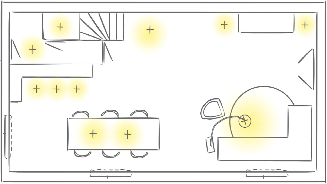 Een plattegrond met daarin een lichtplan getekend