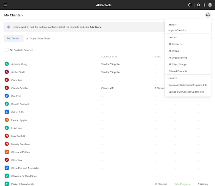 A Karbon product screenshot showing the bulk contact update file