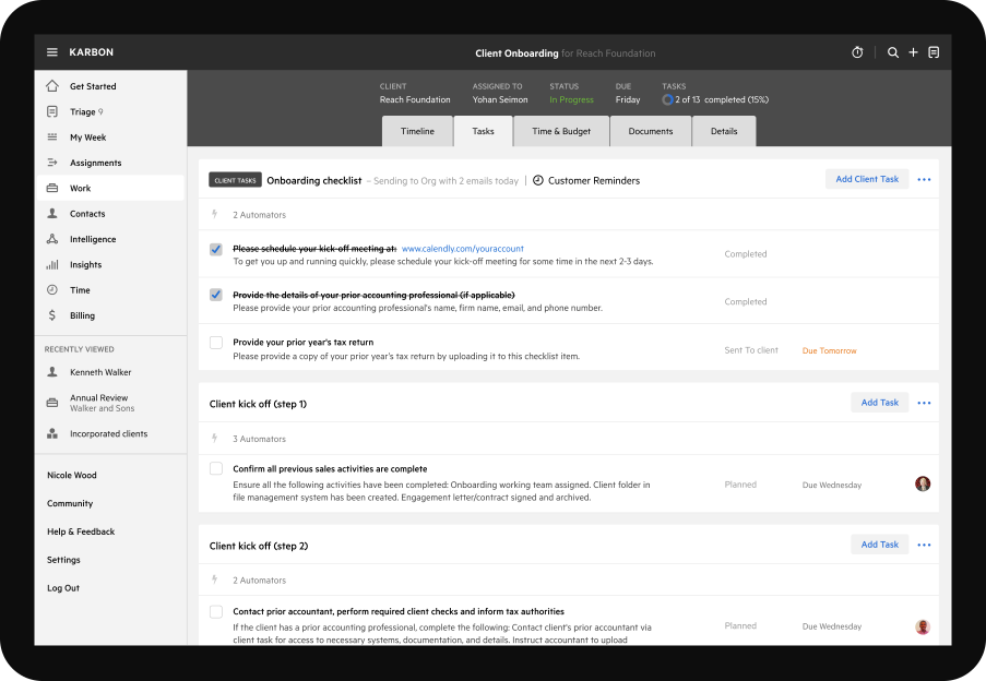 Karbon practice management software onboarding checklist work task