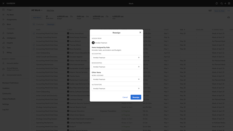 A screenshot of the Karbon interface showing the reassignment of work items across multiple roles, including accounting, bookkeeping, and automators, within a project management tool.