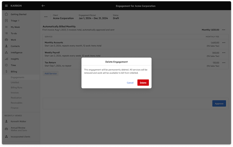 An information modal inside Karbon app that shows the delete engagement function