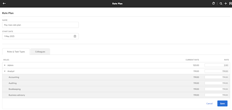 A Karbon product image demonstrating how firms can bulk update their billable rates