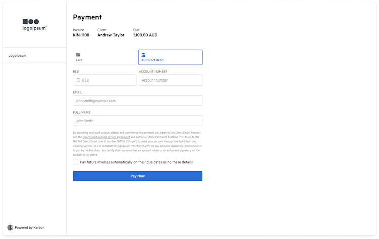 A client portal that shows how Australian customers can pay using direct debits