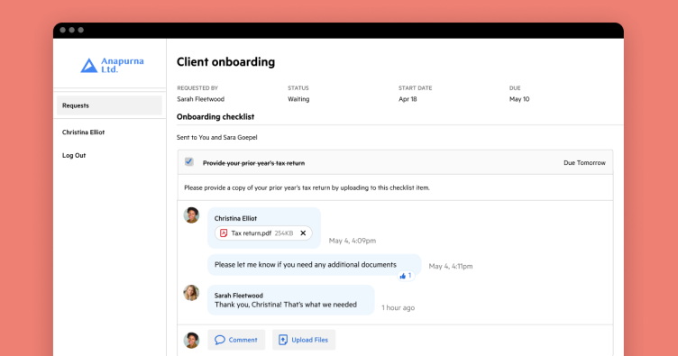 Image of client onboarding UI in a branded client portal.