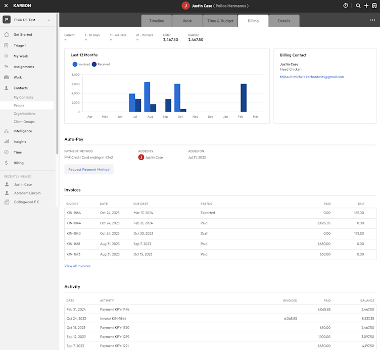 An image that shows the details of the billing tab under client contacts in Karbon