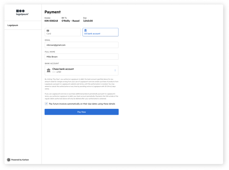 A screenshot that showcases Karbon's direct debit payment capability