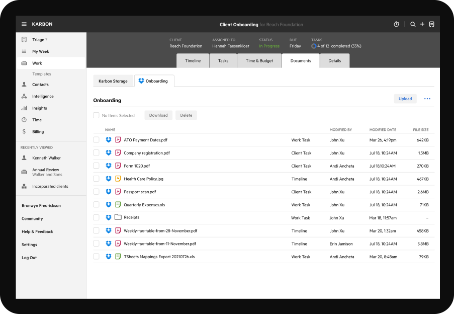 The Karbon interface. It's a work item called 'Client Onboarding' and the 'Documents' tab is selected. In this tab, a list of Dropbox files are displayed to demonstrate the Karbon integration with Dropbox.