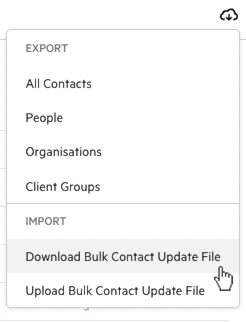 A screenshot of the Export/Import menu in Karbon. The cursor is hovering over 'Download Bulk Contact Update File'.