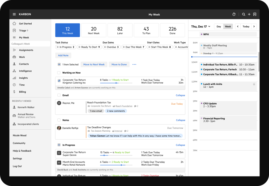 Karbon accounting practice management weekly planning dashboard