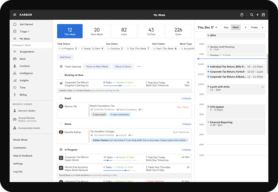 Karbon accounting practice management weekly planning dashboard