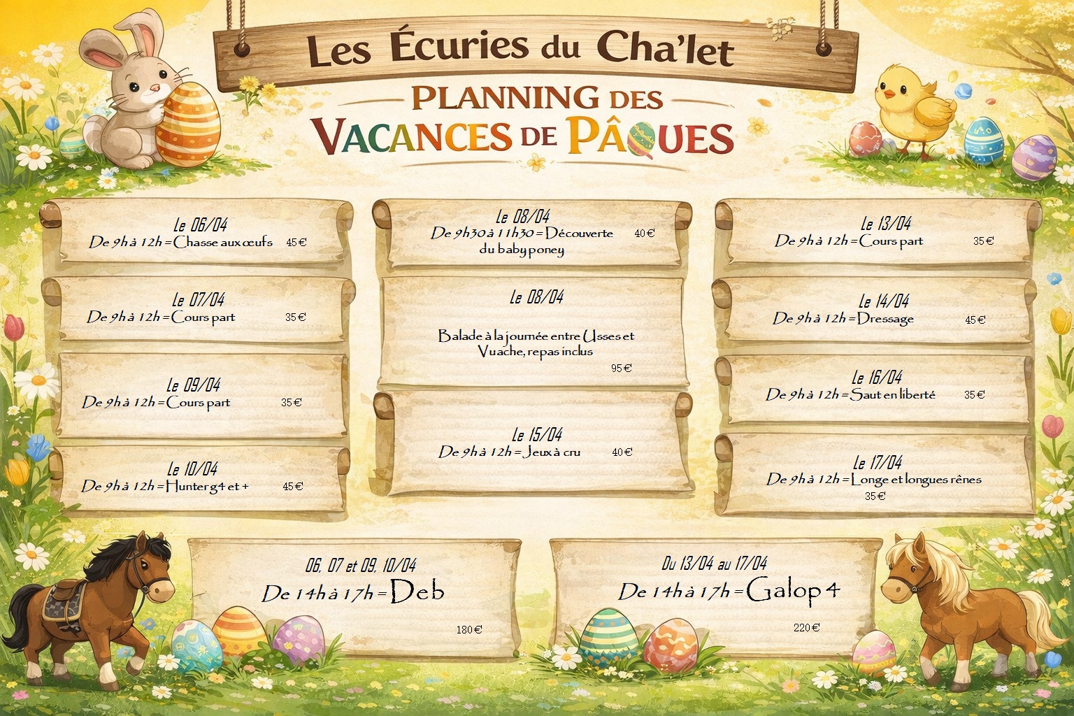 Calendrier / planning stage et cours équitation vacances de pâques. Enfants et adultes. Équitation Annecy Epagny. Activité vacances de paques Annecy