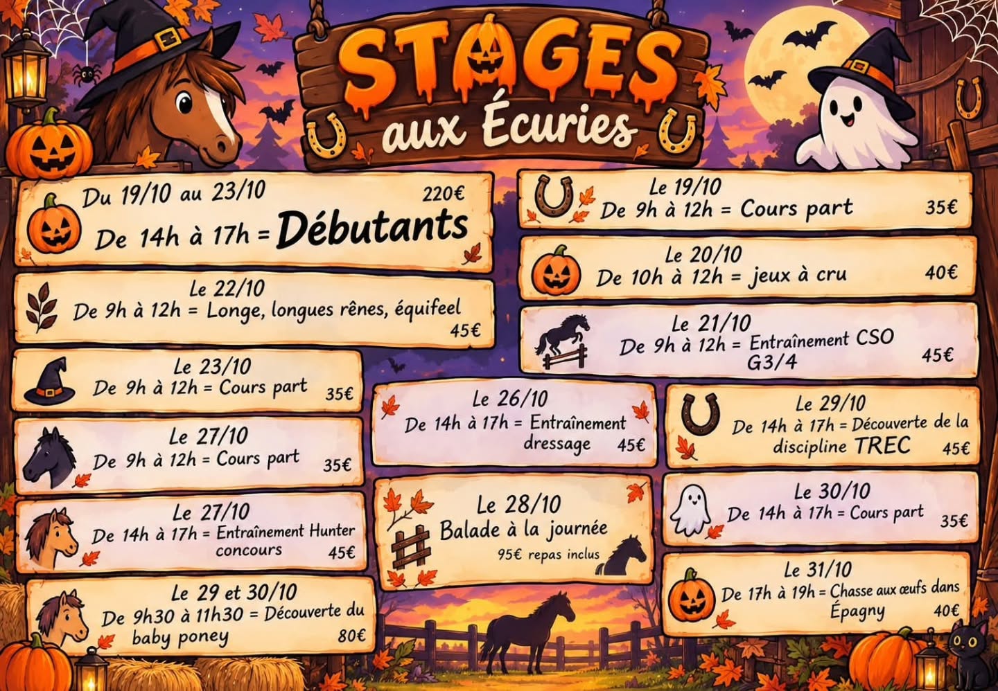 Stage toussaint halloween écuries cheval centre équestre du Cha'let. Tous niveaux, jeux, passage de galops etc. 