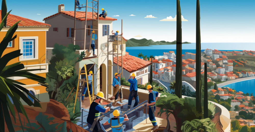 An illustration of construction workers working on the roof of a building