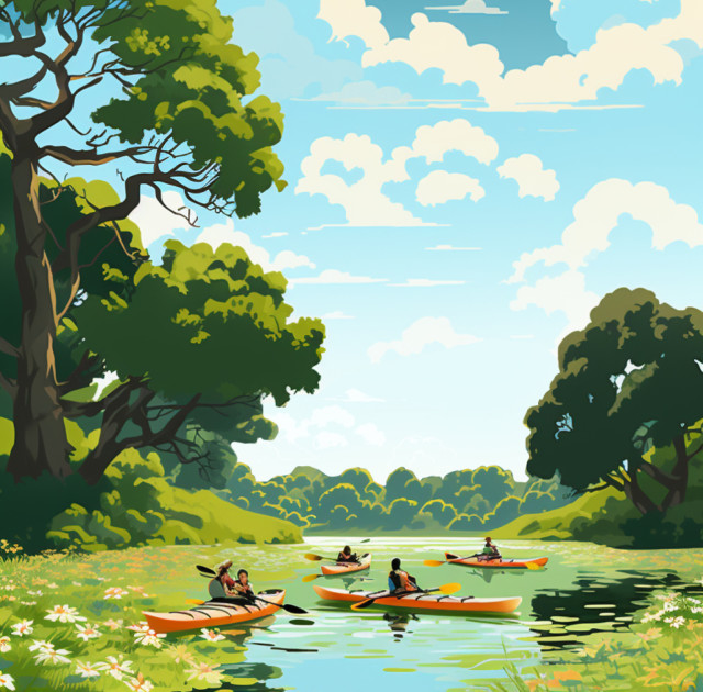 Illustration of a lake with people kayaking