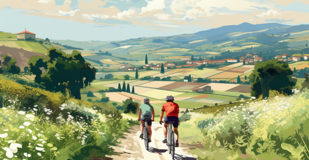 An illustration of two bikers on a dirt road