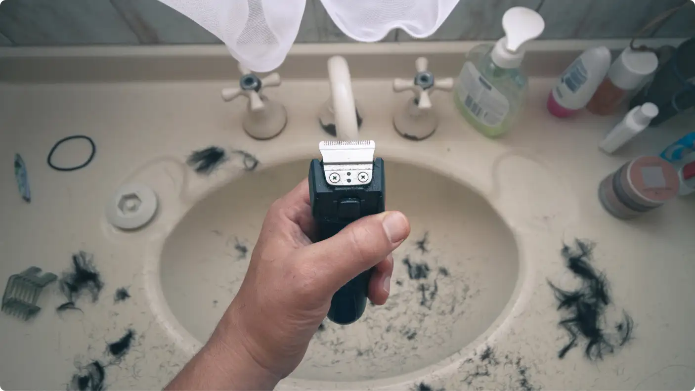 person holding electric razor over sink covered in cut hair