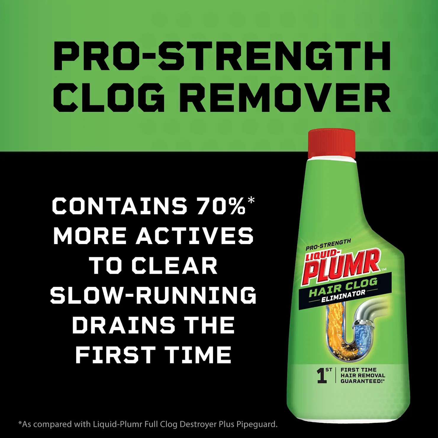 Liquid-Plumr™ Pro-Strength Hair Clog Eliminator is a pro-strength clog remover. It contains 70%* more actives to clear slow-running drains the first time. *As compared with Liquid-Plumr Full Clog Destroyer Plus Pipeguard.