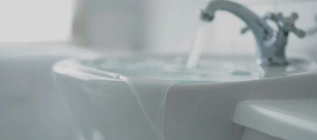 Bathroom sink overflowing with water.