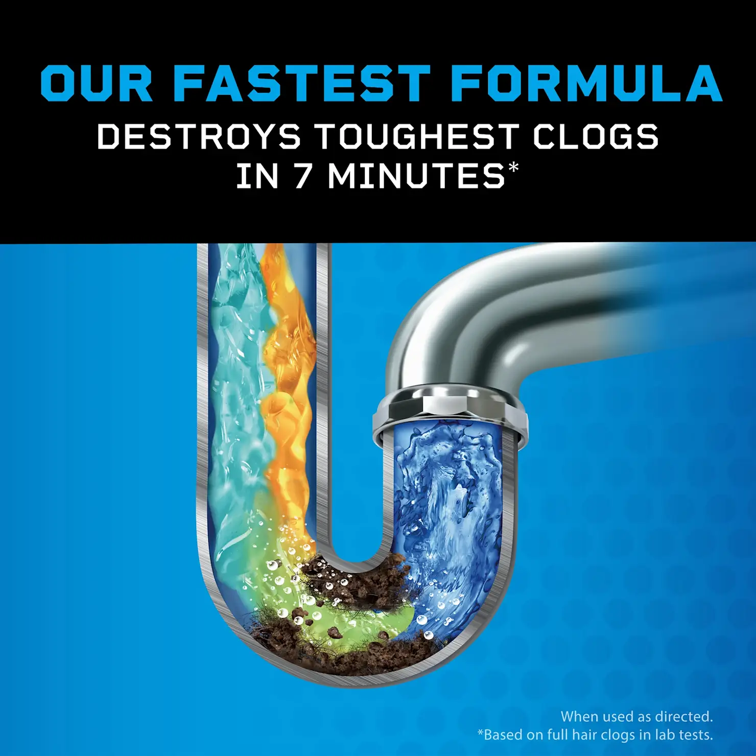 Liquid Plumr™ Pro-Strength Urgent Clog Eliminator is our fastest formula. It destroys toughest clogs in 7 minutes* When used as directed. *Based on full hair clogs in lab tests.
