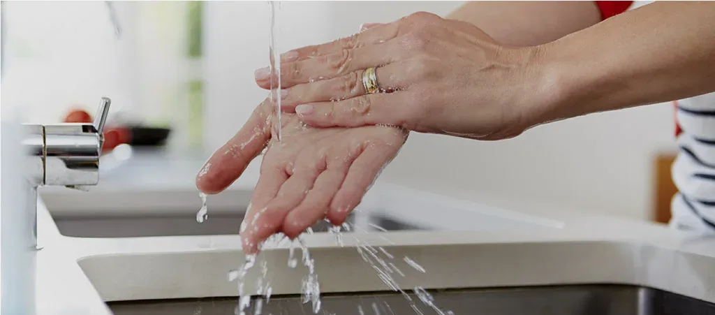 person washing their hands in a kitchen sink