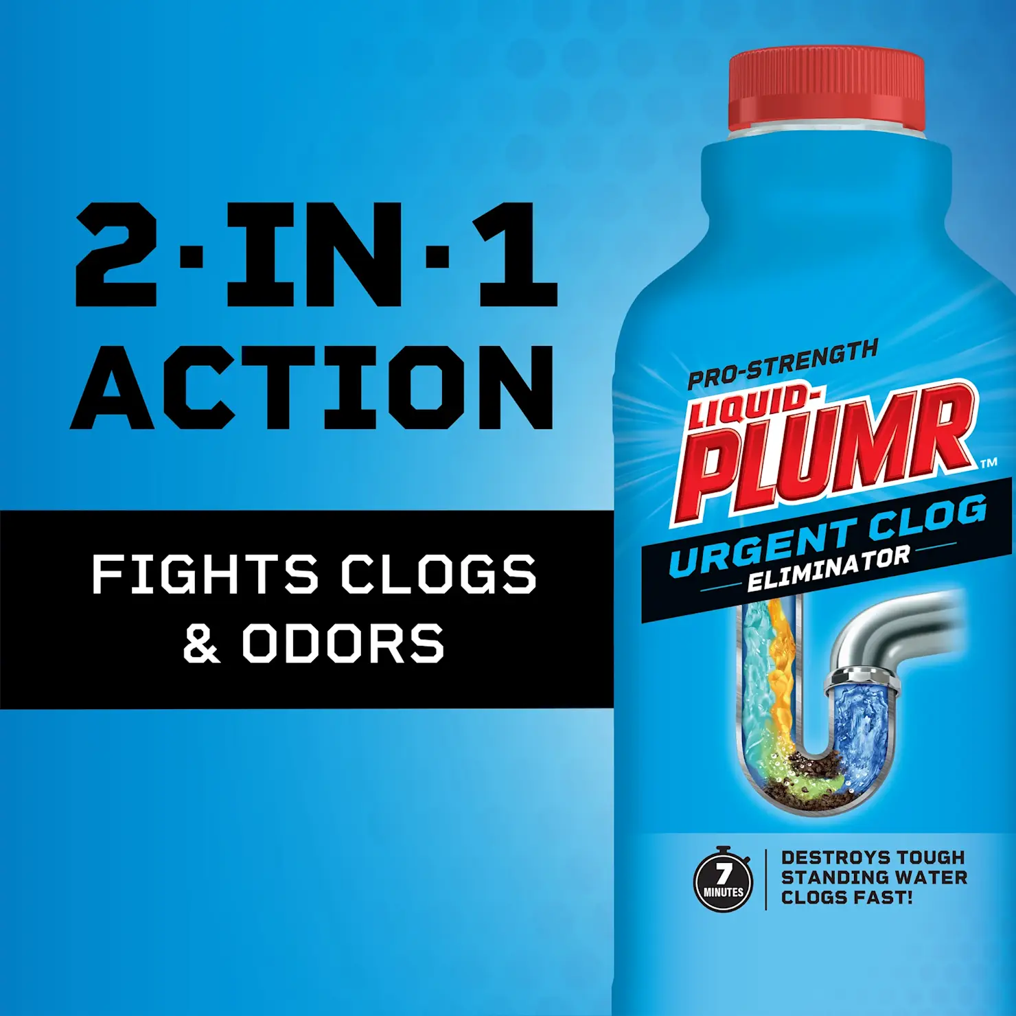 Liquid Plumr™ Pro-Strength Urgent Clog Eliminator 2 in 1 action. Fights clogs & odors.