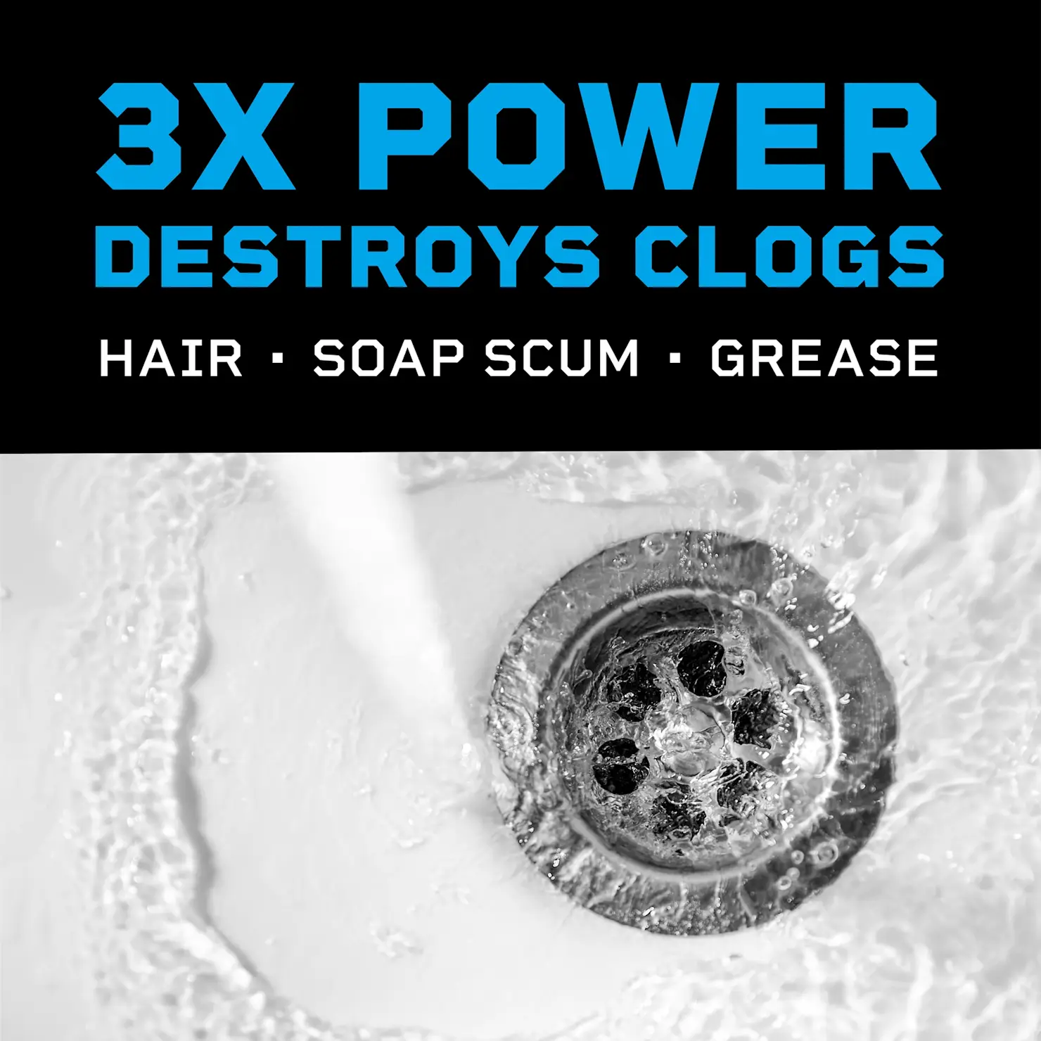 Liquid Plumr™ Pro-Strength Urgent Clog Eliminator's 3x power destroys clogs, hair, soap scum and grease.