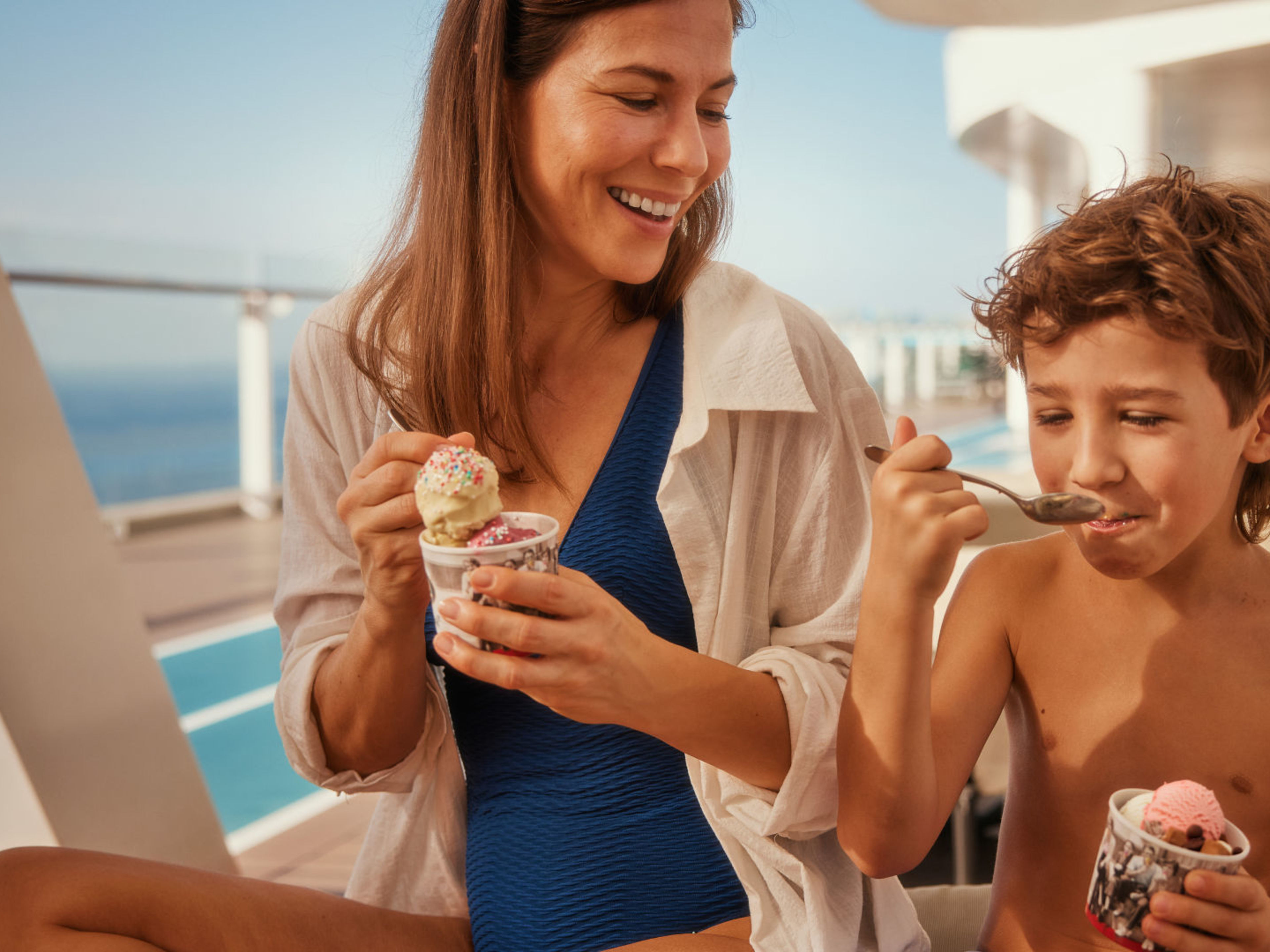 Ice cream specialities from our premium partner Bruno Gelato At the ice cream bars of our premium partner Bruno Gelato, every ice cream lover will be tempted. Taste your way through countless ice cream specialities and take a relaxing stroll around our spacious deck with a scoop or two of ice cream.