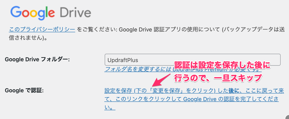 UpdraftPlus Setting Google Drive Auth Skip