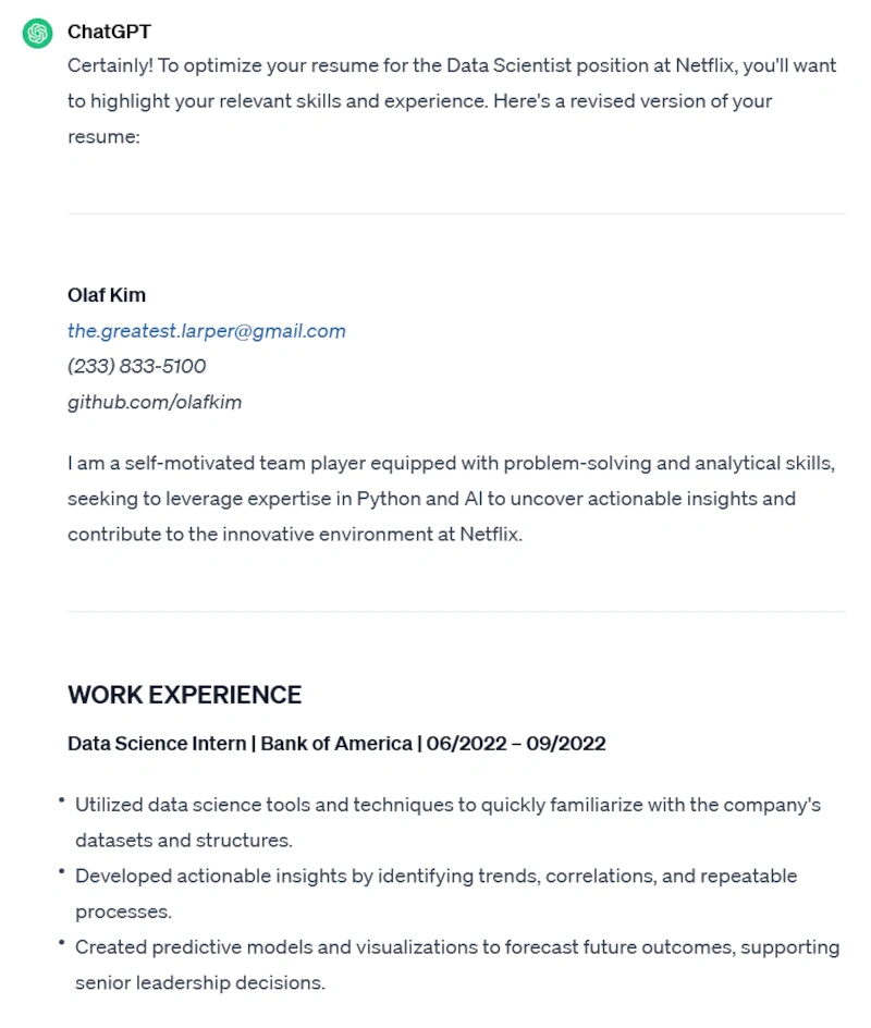 Screenshot of a ChatGPT resume review