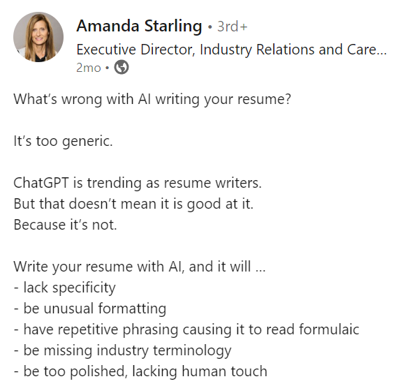 LinkedIn post complaining that a ChatGPT resume is too generic